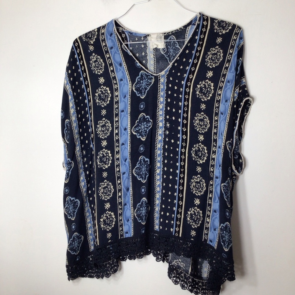 Everleigh Anthropologie gorgeous boho lace oversize large blue top feminine rare